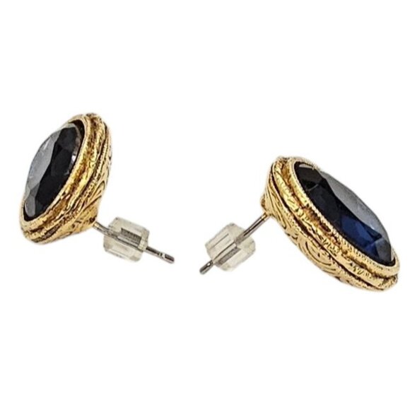 1928 Brand Gold Tone Oval Blue Faceted Lucite Post Earrings, L813 - Picture 3 of 7